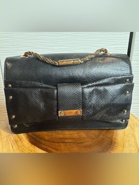 Chloe Black Leather Clutch with Gold Chain Detail